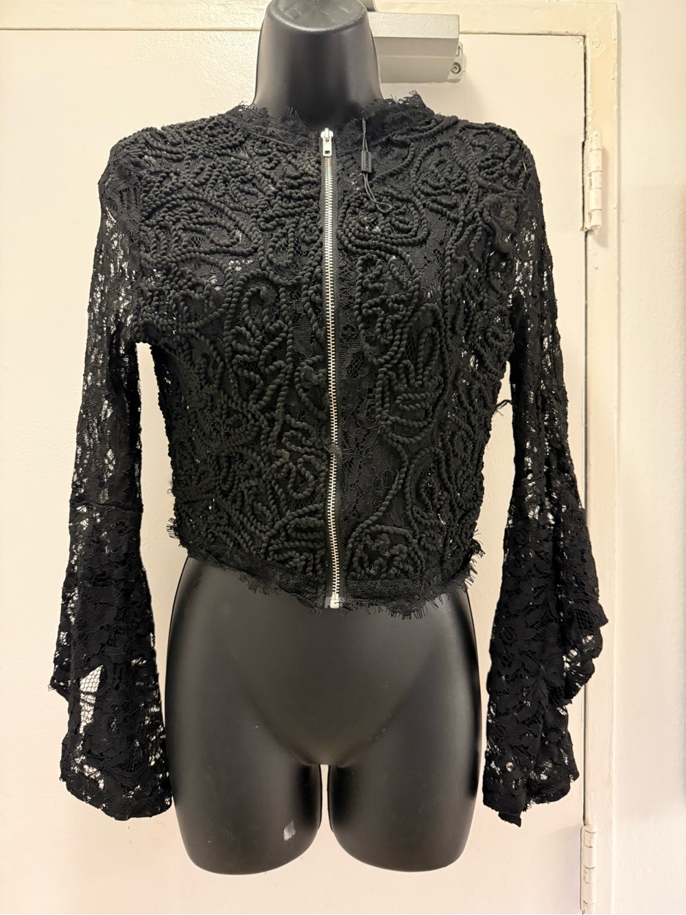 Mantra Black Crochet Lace Zip Detail Jacket